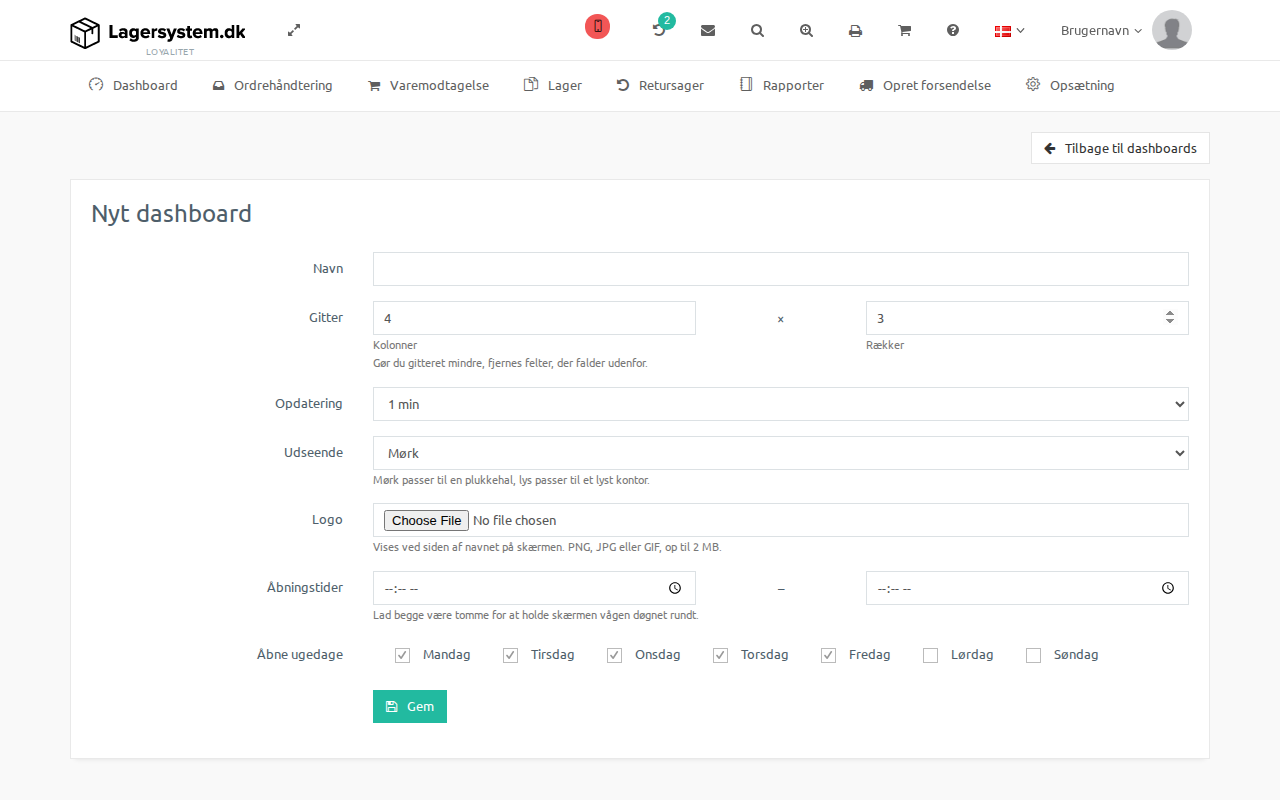 Formular til oprettelse af et nyt dashboard