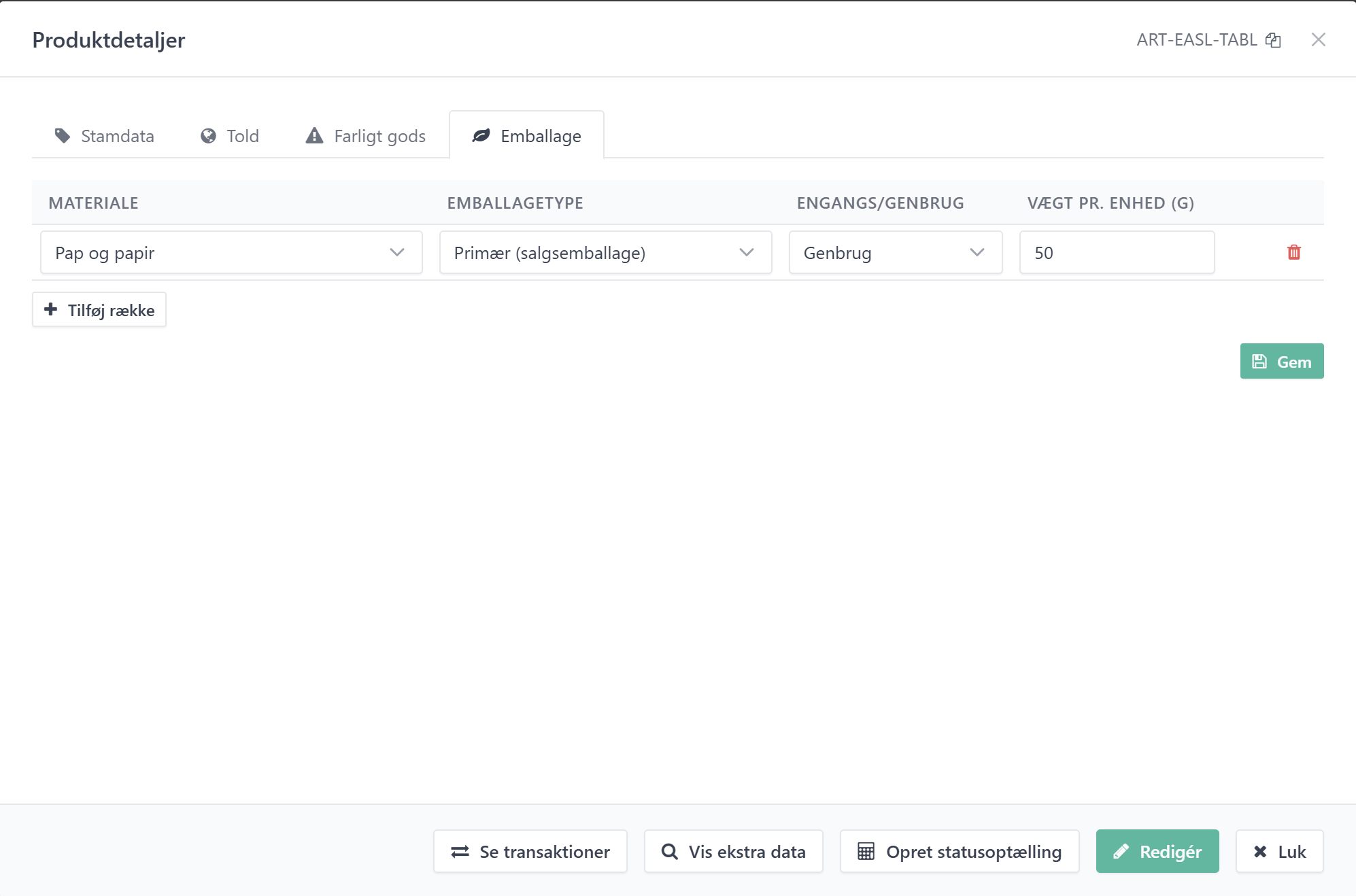 Emballage-fane i varens detaljepopup