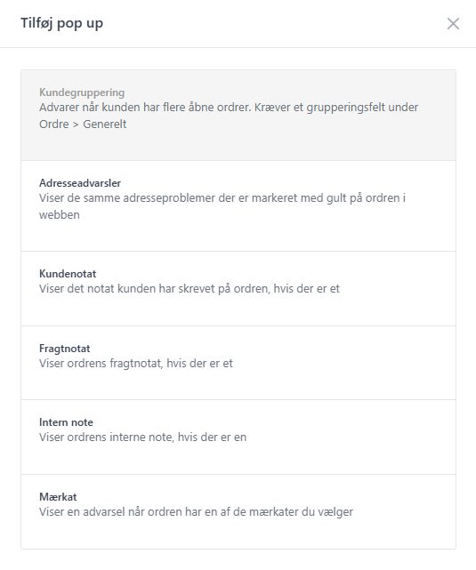 Oversigt over siden Håndterminal pop ups med de konfigurerede pop-ups