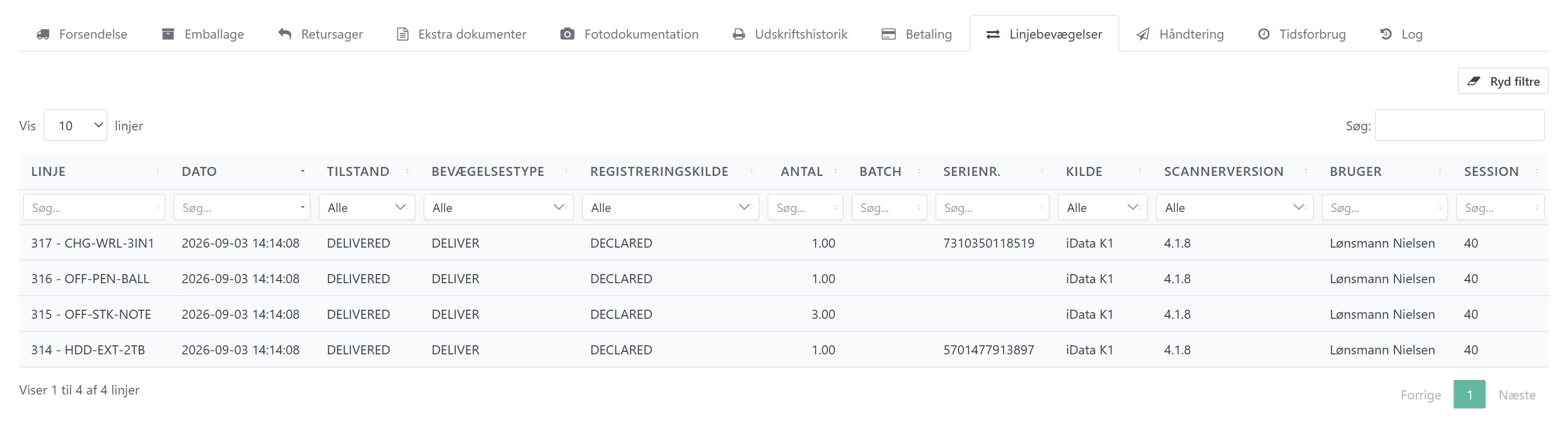 Linjebevægelser-tabellen med kolonnefiltre og ordrelinjens bevægelser