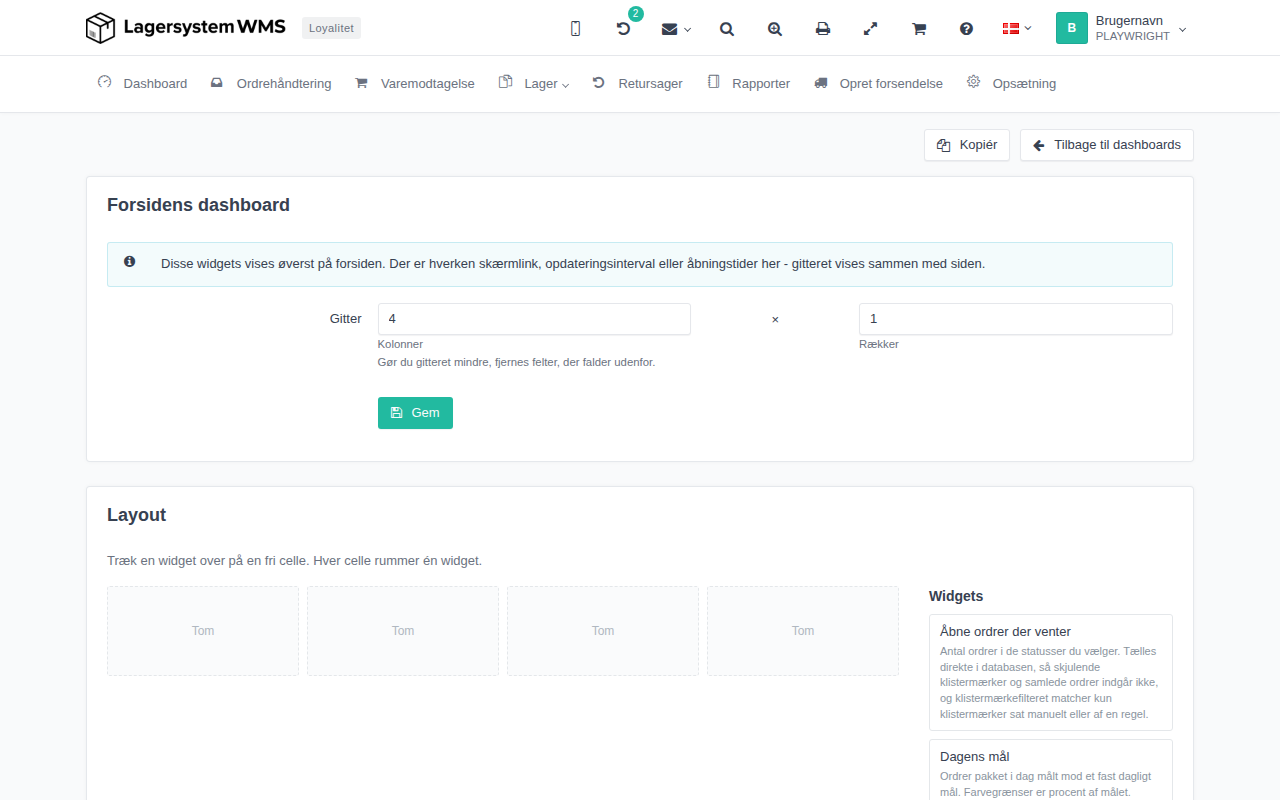 Forsidens dashboard – widget-gitteret som det redigeres