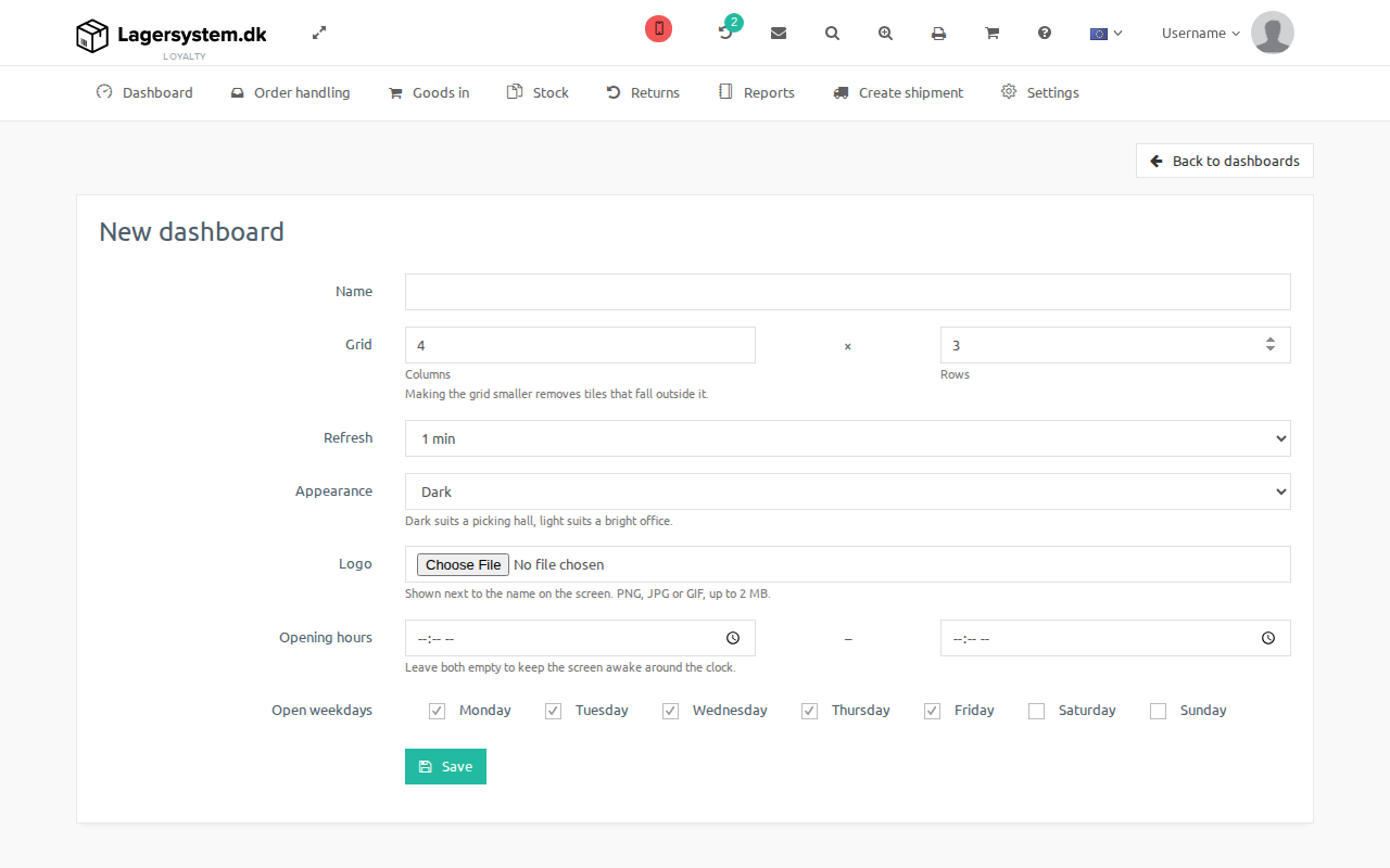 Form for creating a new dashboard