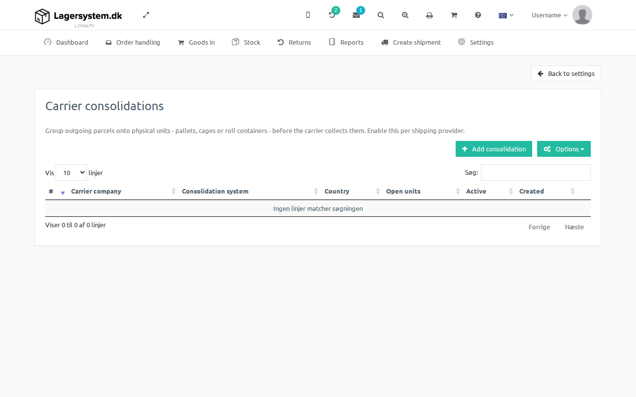 Add consolidation dialog with fields for carrier company, system, country, unit prefix, routes, and reference