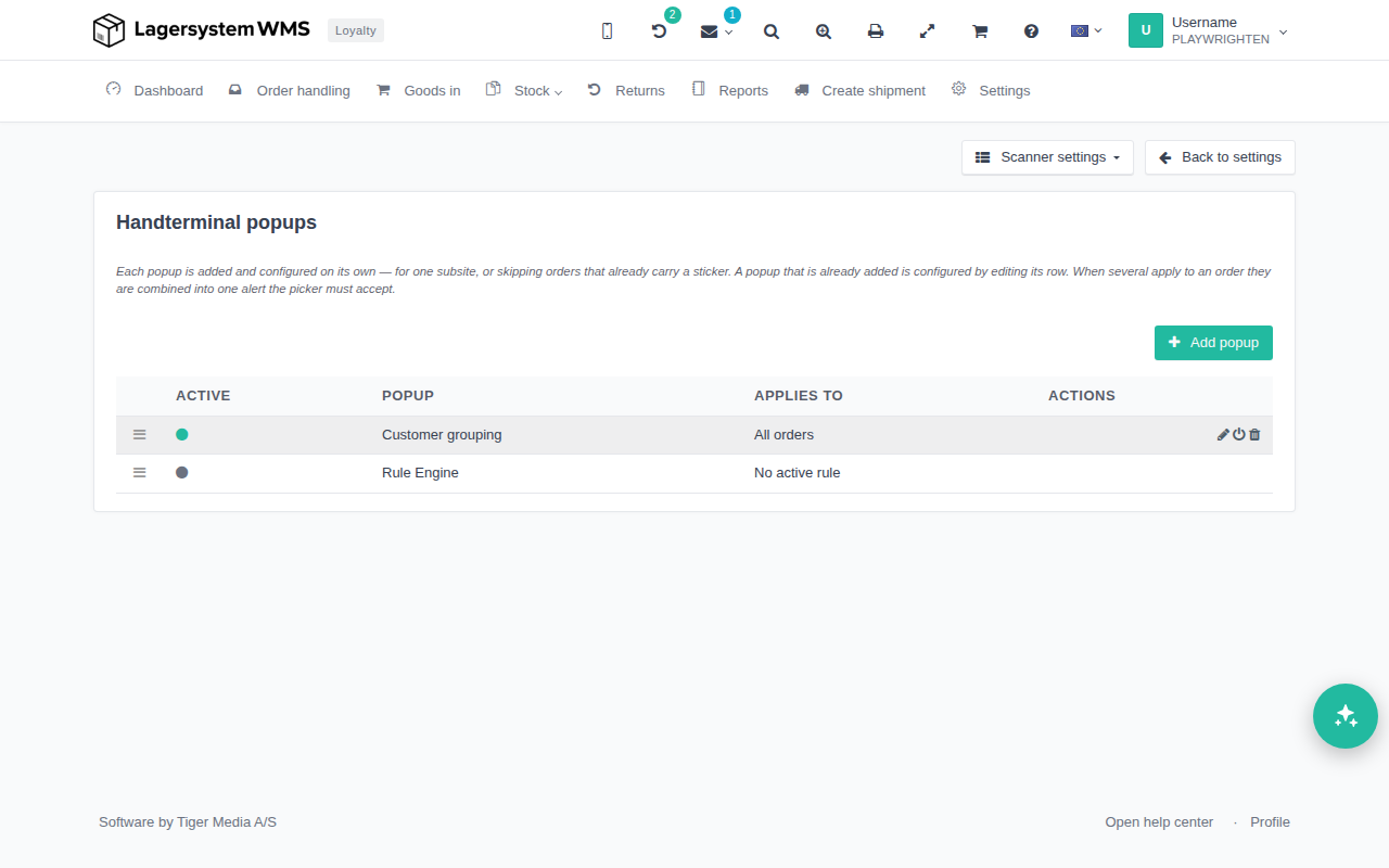 Dialog for editing an existing handterminal popup's settings
