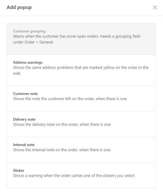 Overview of the Handterminal popups page with the configured popups
