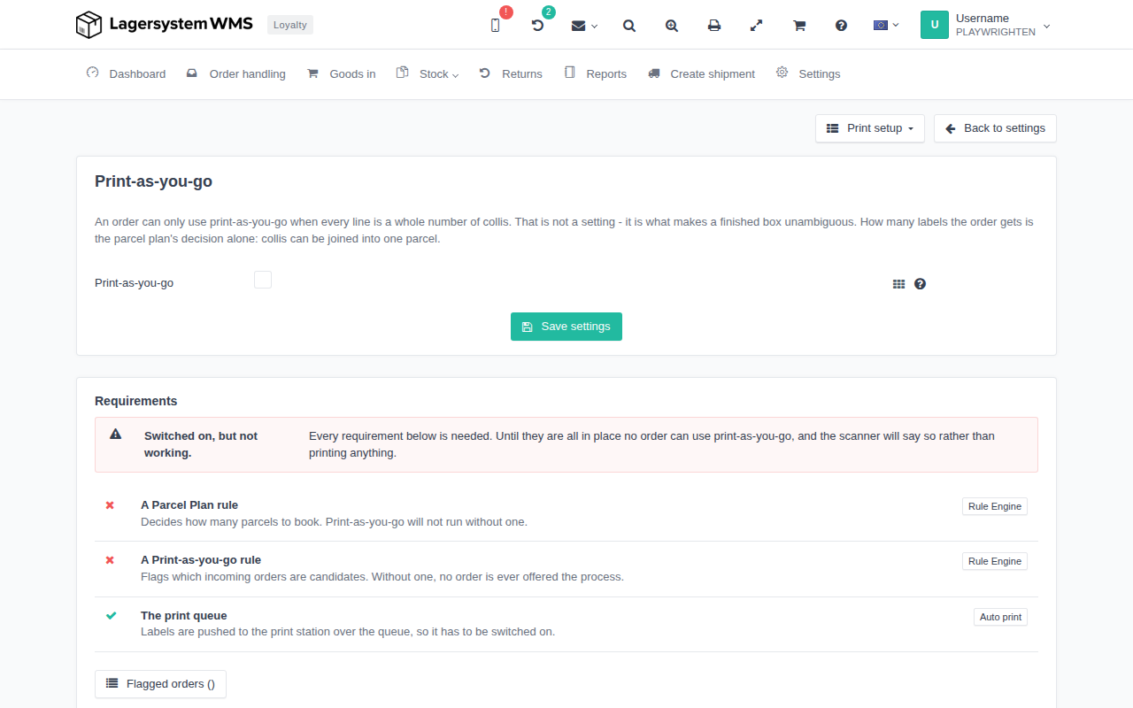 The Print-as-you-go page with the setting and the requirements overview
