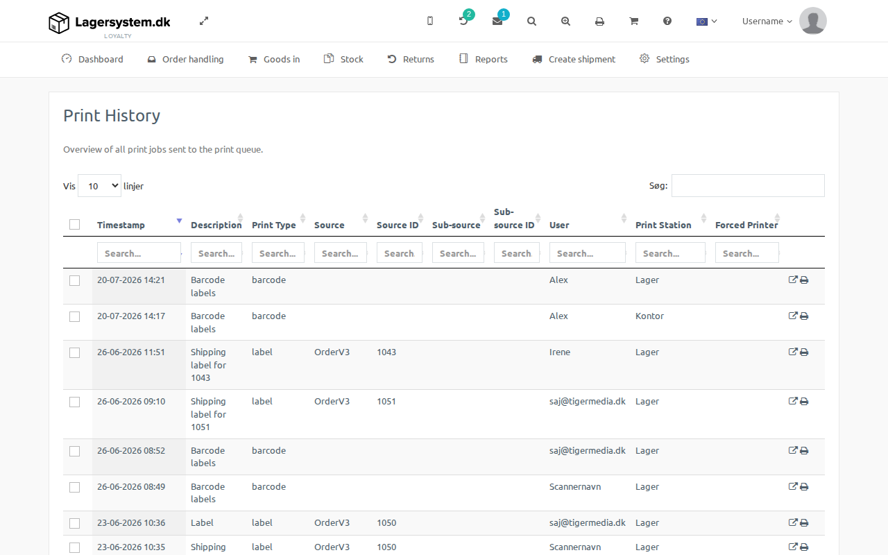 Print history with the columns Source, Source ID, Sub-source, and Sub-source ID