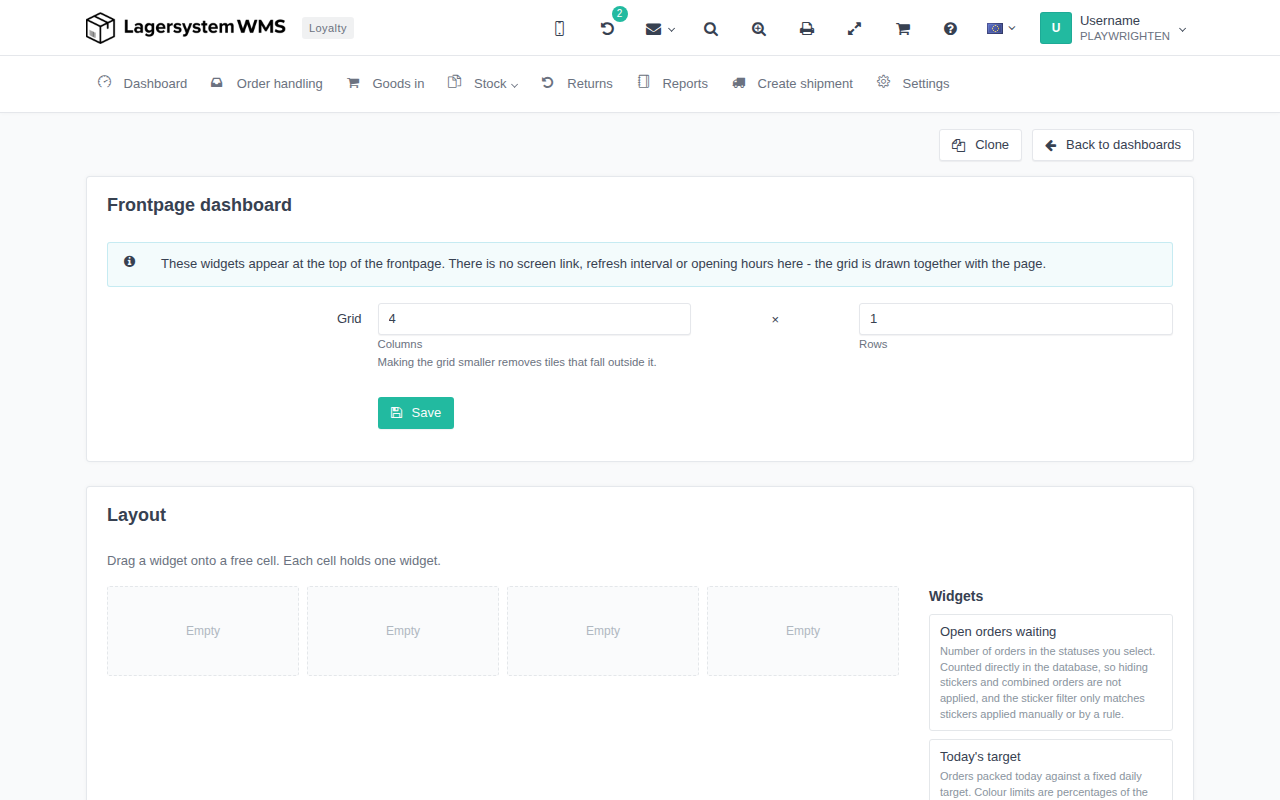 Frontpage dashboard – the widget grid as it is edited