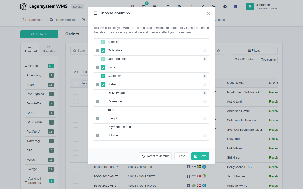The Choose columns window with checkboxes and drag handles for each column